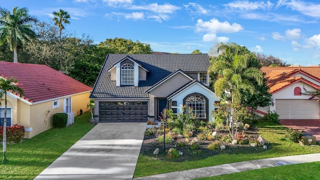 view of front facade with a garage and a front yard