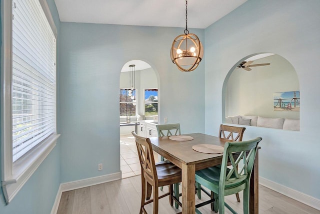 dining area with ceiling fan and light hardwood / wood-style floors