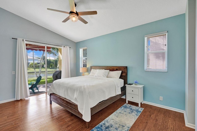 bedroom featuring ceiling fan, wood-type flooring, access to exterior, and vaulted ceiling