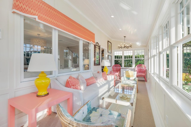 sunroom / solarium featuring lofted ceiling, wooden ceiling, and a notable chandelier