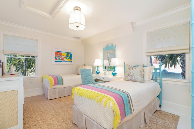 bedroom featuring crown molding and multiple windows