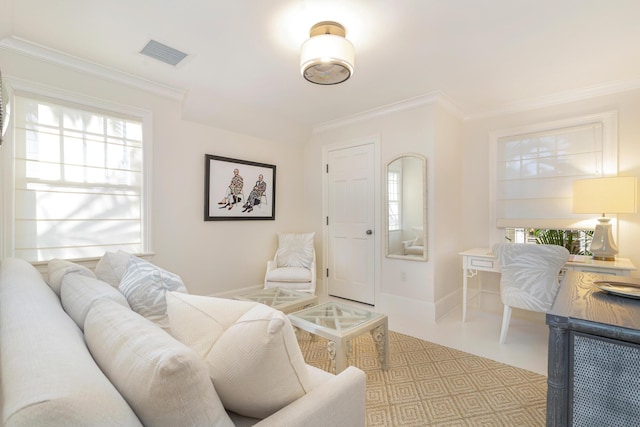 living room featuring crown molding