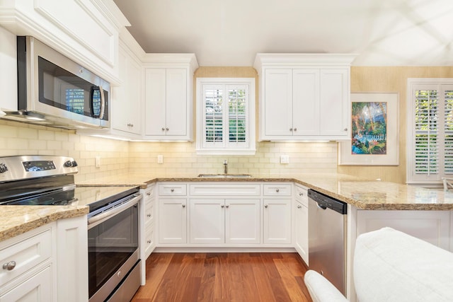 kitchen with plenty of natural light, stainless steel appliances, sink, and white cabinets