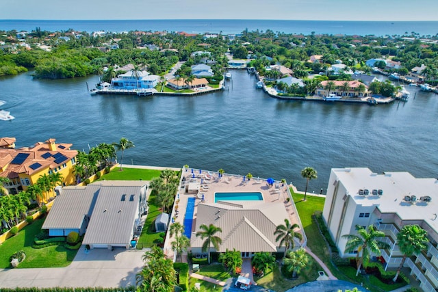 bird's eye view with a water view