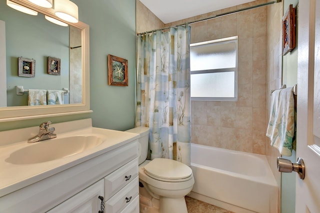 full bathroom featuring vanity, shower / tub combo, and toilet