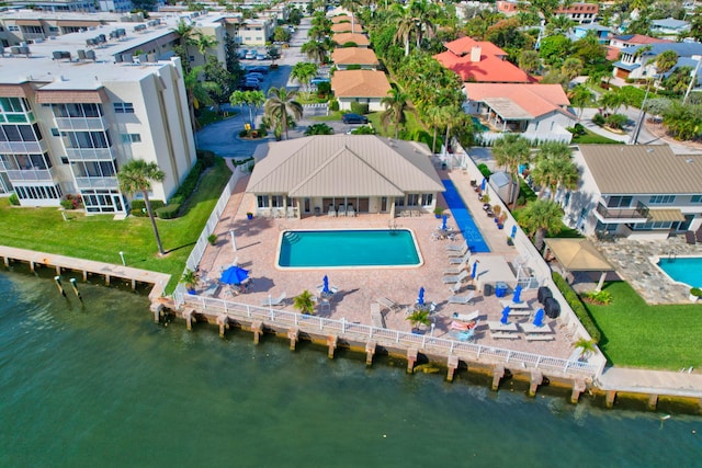 drone / aerial view with a water view