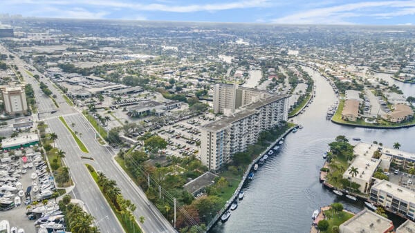 aerial view featuring a water view