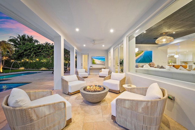 interior space featuring ceiling fan