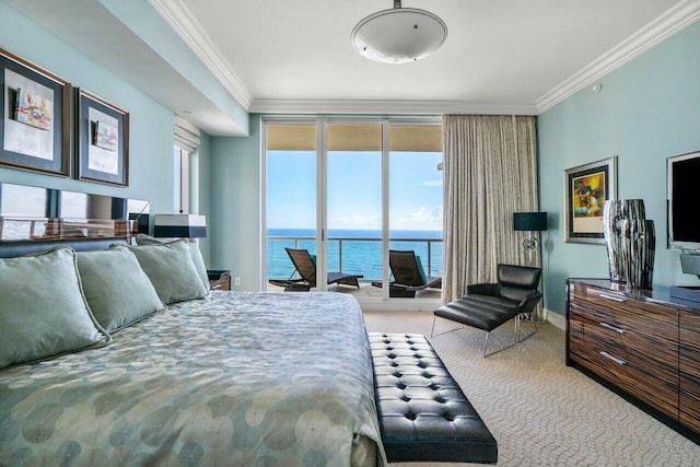 bedroom featuring crown molding, access to outside, light carpet, and a wall of windows