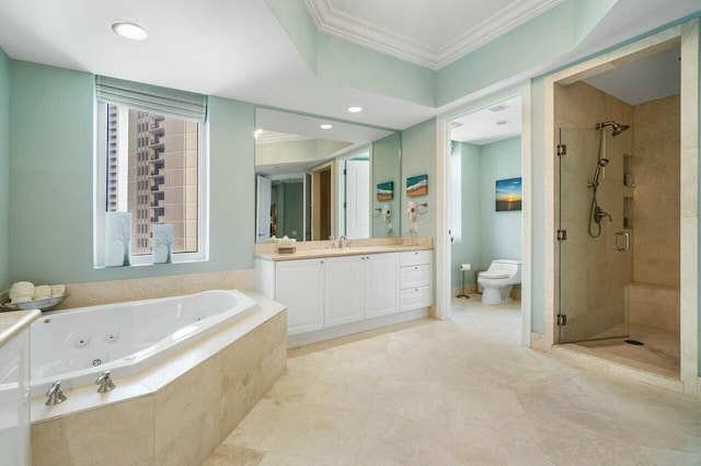 full bathroom with vanity, crown molding, shower with separate bathtub, and toilet