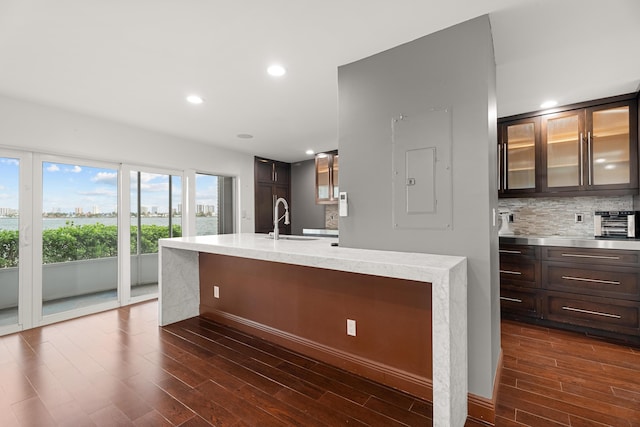 kitchen with sink, backsplash, dark brown cabinets, and dark wood-type flooring