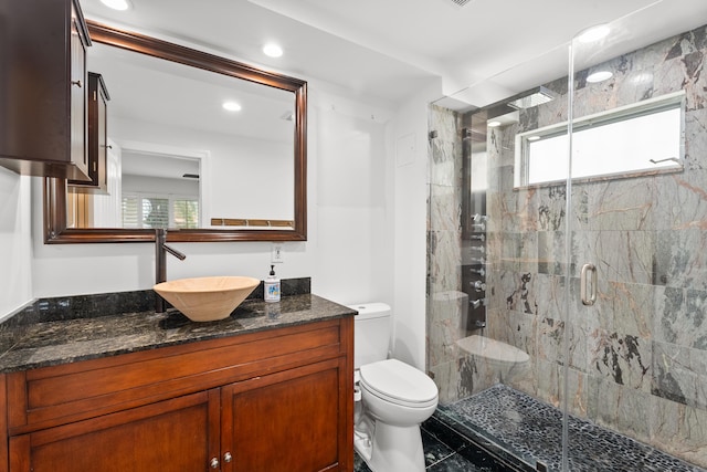 bathroom featuring vanity, toilet, and a shower with shower door