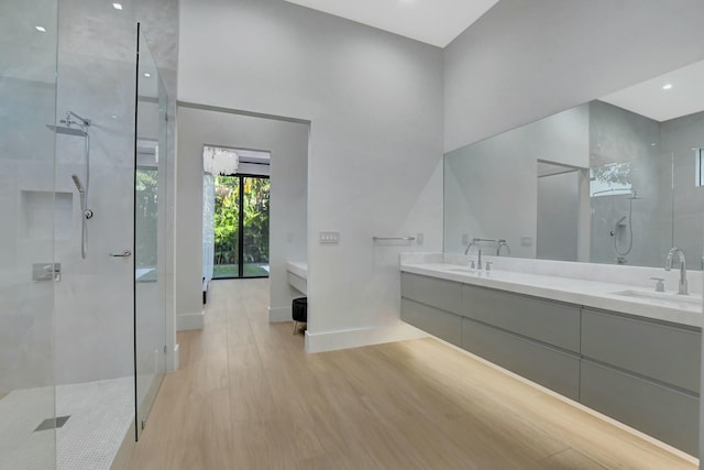 bathroom with vanity, hardwood / wood-style flooring, and a shower with shower door