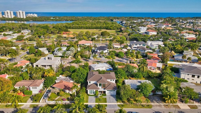 aerial view featuring a water view