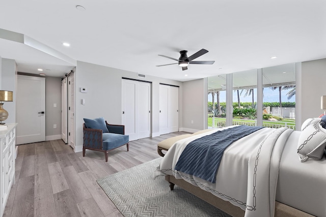 bedroom featuring two closets, light hardwood / wood-style floors, a barn door, and ceiling fan