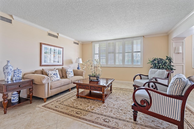 living room featuring crown molding and a textured ceiling