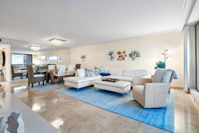 living room with crown molding