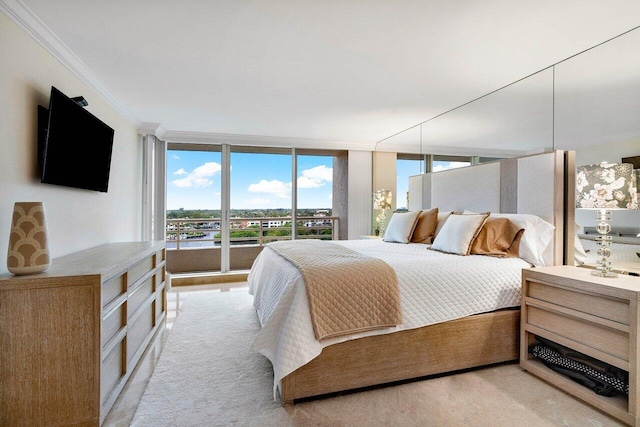 bedroom featuring light carpet, crown molding, access to outside, and expansive windows