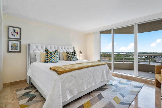 tiled bedroom with expansive windows, ornamental molding, and access to outside