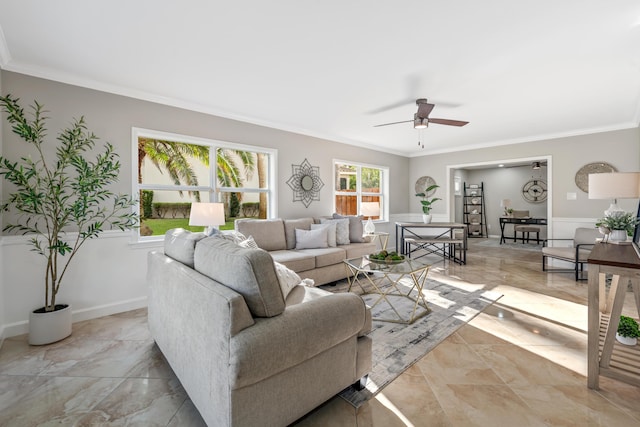 living room with ceiling fan and ornamental molding