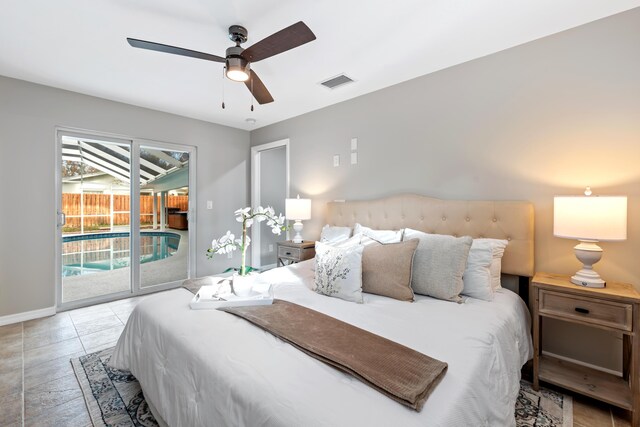 bedroom with access to exterior and ceiling fan