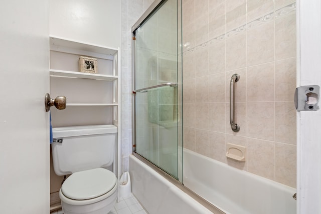 bathroom with enclosed tub / shower combo, toilet, and tile patterned flooring