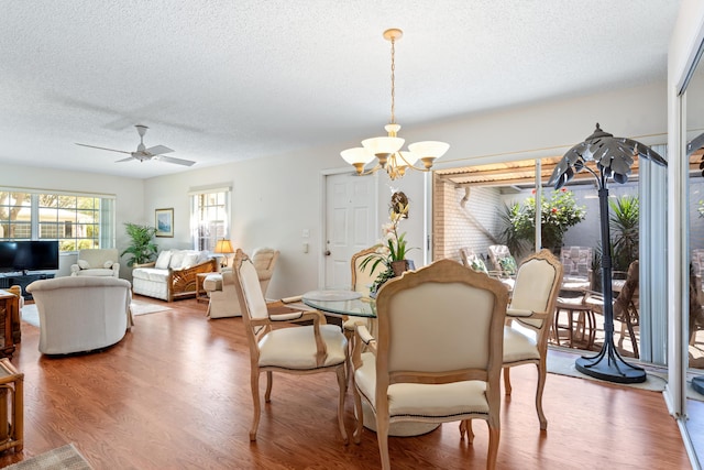 dining area featuring wood-type flooring, ceiling fan with notable chandelier, and a textured ceiling