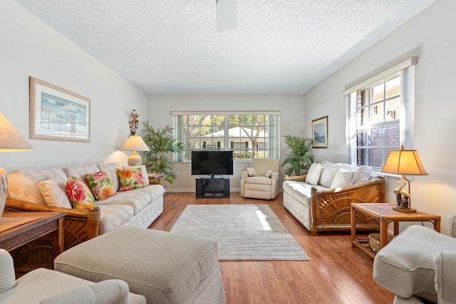 living room with a textured ceiling and light wood-type flooring