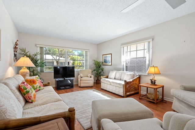 living room featuring a textured ceiling and light wood-type flooring