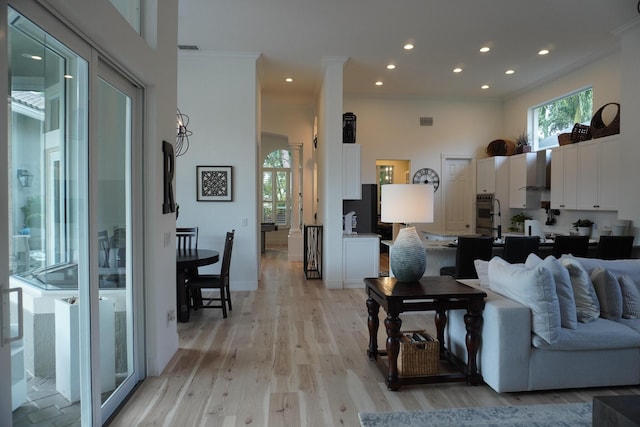 living room featuring a towering ceiling, ornamental molding, a healthy amount of sunlight, and light wood-type flooring