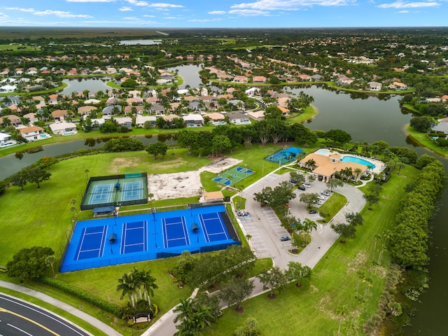 bird's eye view with a water view