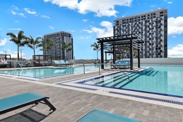 view of pool featuring a pergola and a patio area