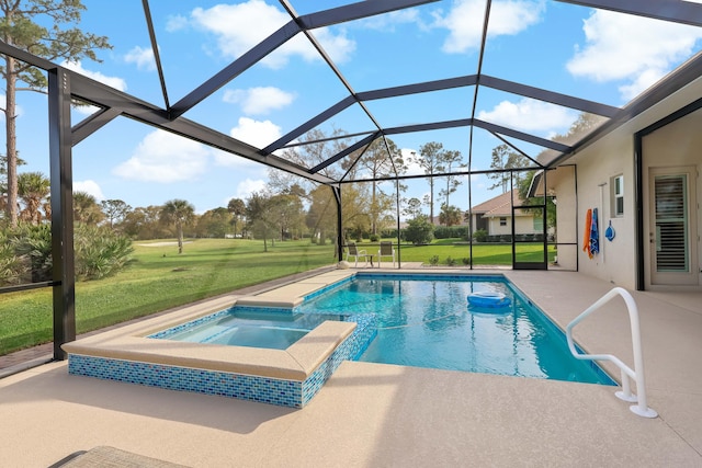 view of swimming pool with an in ground hot tub, a lanai, a patio area, and a lawn