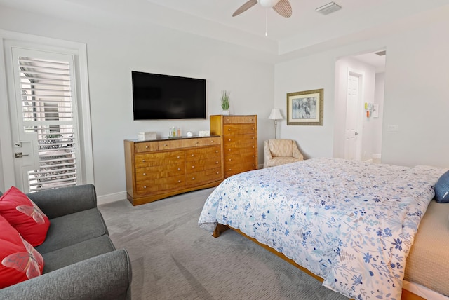 bedroom with light carpet and ceiling fan