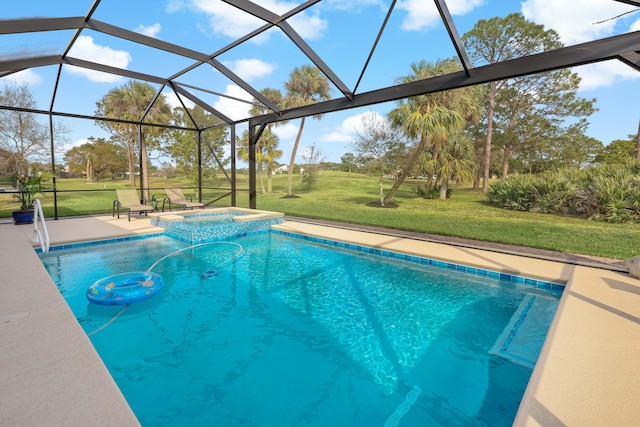 view of pool with an in ground hot tub, a patio, glass enclosure, and a lawn