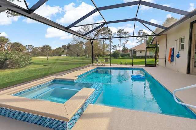 view of swimming pool featuring a lawn, a patio, glass enclosure, and an in ground hot tub