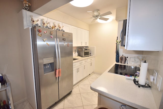 kitchen with white cabinetry, black electric cooktop, stainless steel fridge with ice dispenser, and tasteful backsplash