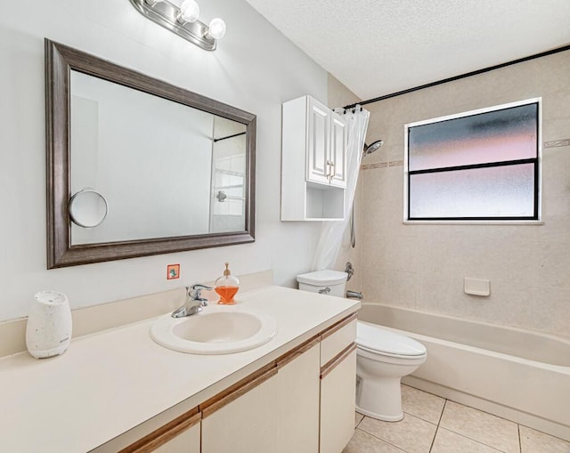 full bathroom with tile patterned floors, toilet, a textured ceiling, vanity, and shower / bathtub combination with curtain