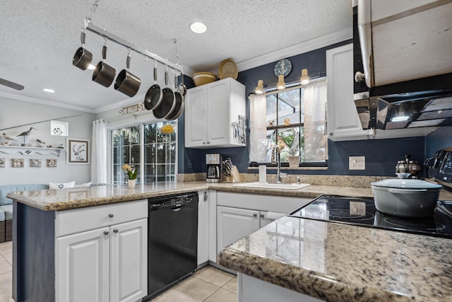 kitchen with sink, white cabinetry, ornamental molding, kitchen peninsula, and black appliances