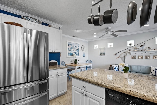 kitchen with white cabinetry, ornamental molding, stainless steel refrigerator, and dishwasher