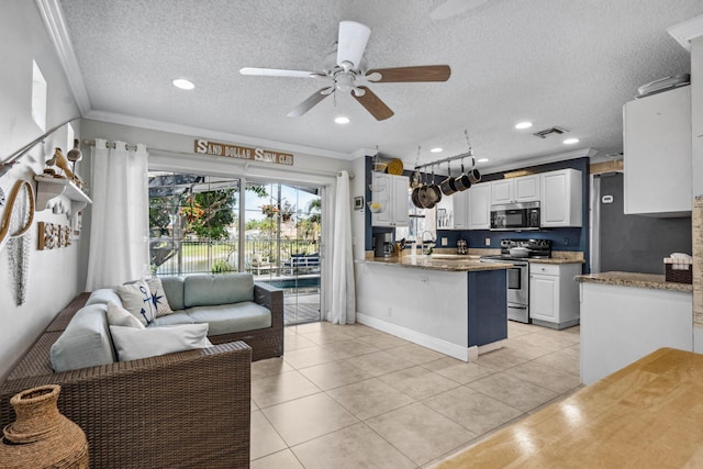 kitchen with sink, stainless steel appliances, ornamental molding, white cabinets, and kitchen peninsula