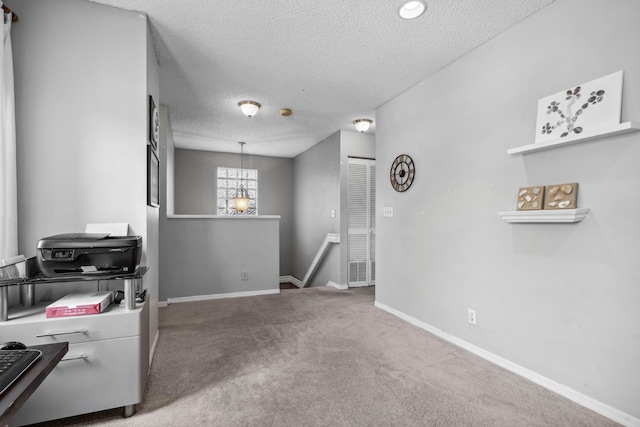 interior space with carpet flooring and a textured ceiling