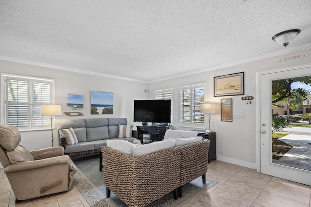 tiled living room with crown molding, plenty of natural light, and a textured ceiling