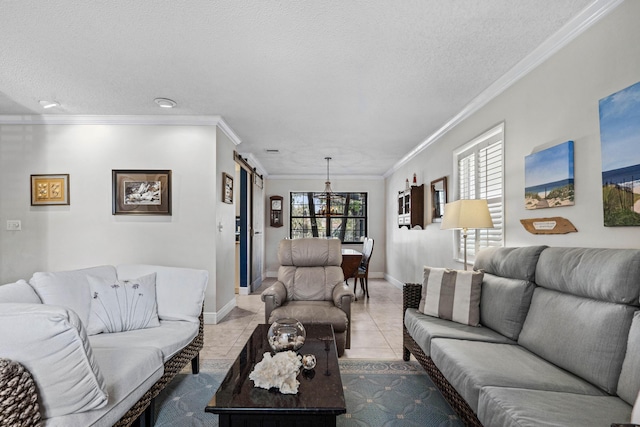 living room with crown molding, tile patterned floors, a barn door, and a textured ceiling