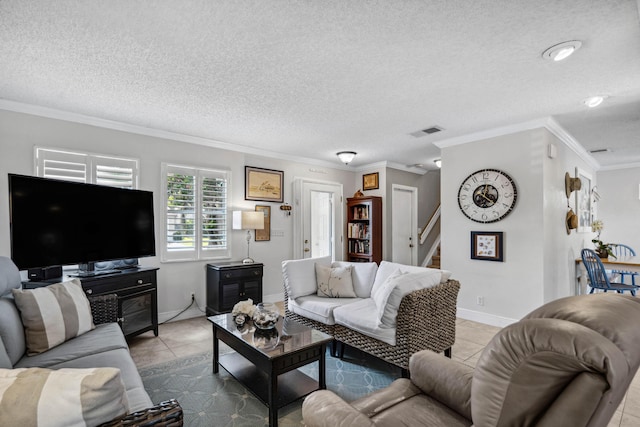 living room with crown molding, a textured ceiling, and light tile patterned floors