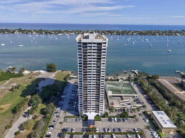 bird's eye view with a water view