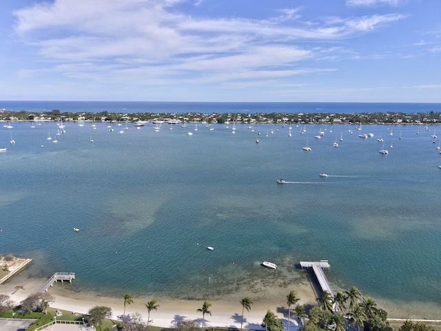 view of water feature with a beach view