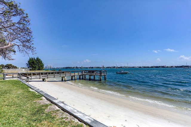 dock area featuring a beach view and a water view