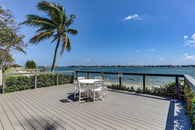 wooden deck featuring a water view