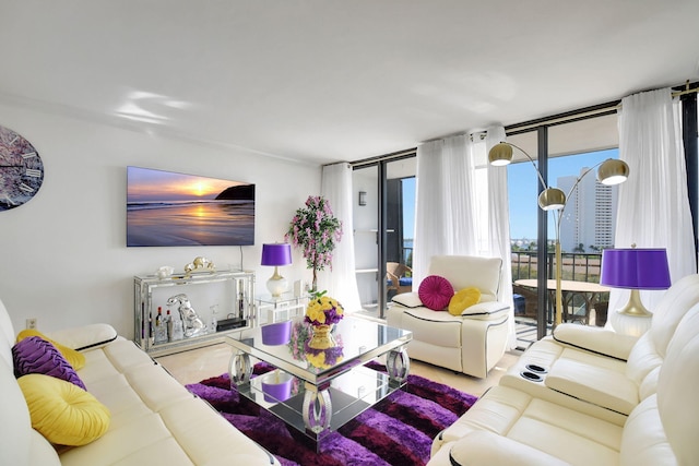 living room with a wall of windows